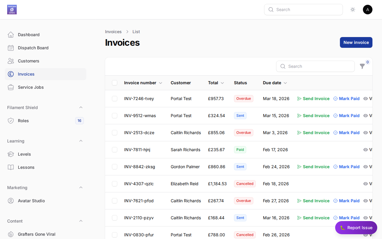 Invoice list in TradesmanExperts