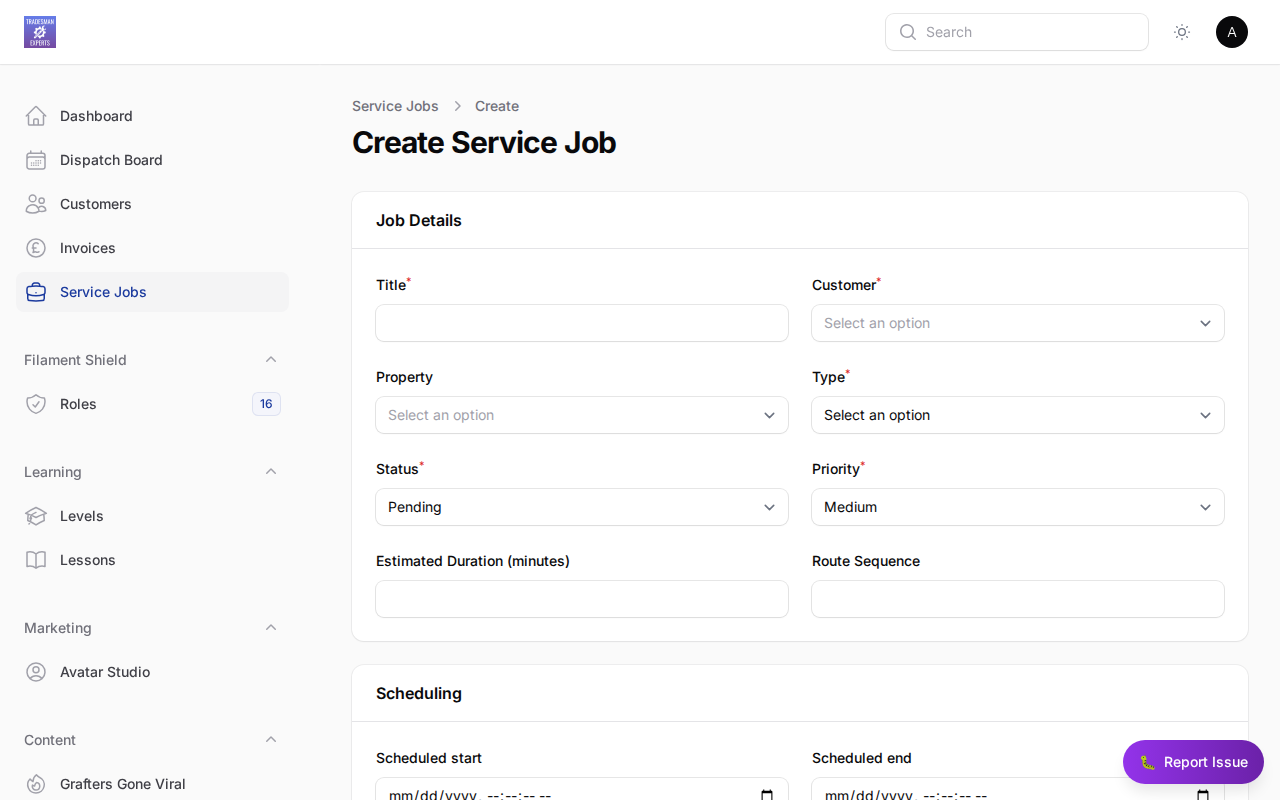 New job creation form