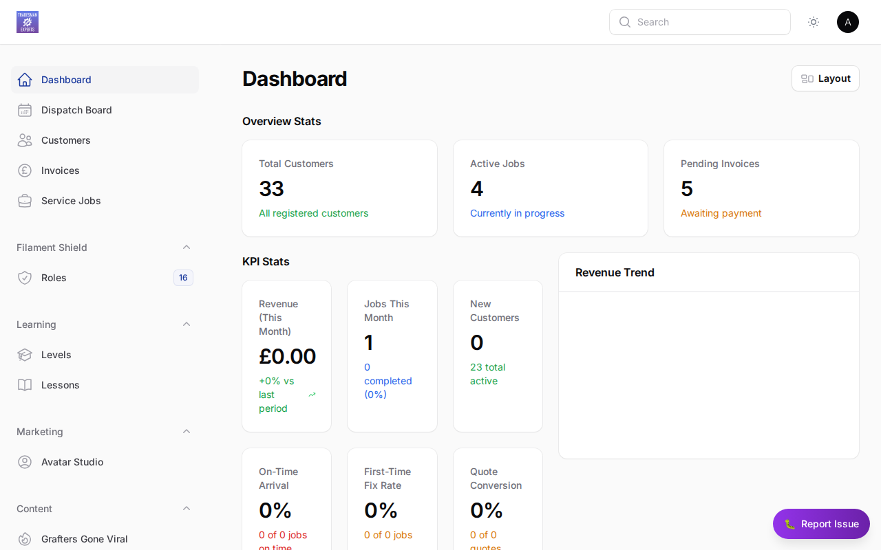 TradesmanExperts dashboard overview
