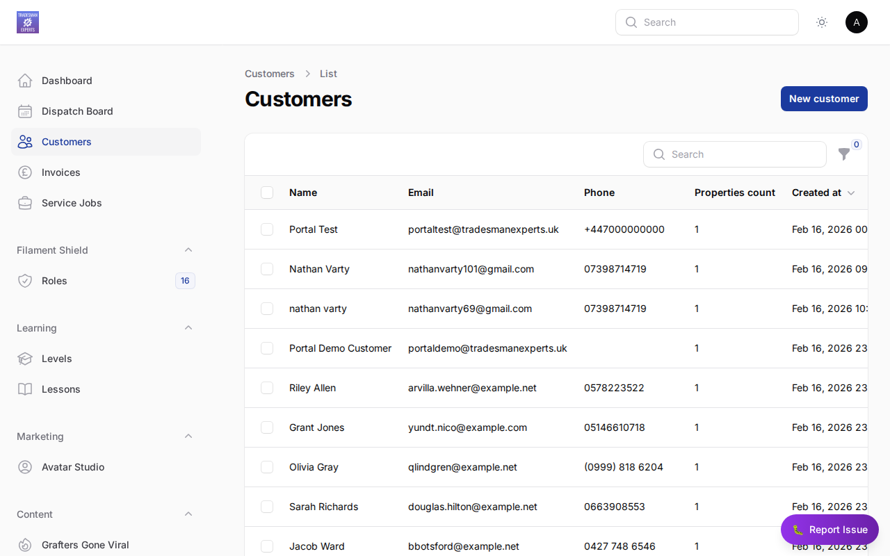 Customer management in TradesmanExperts