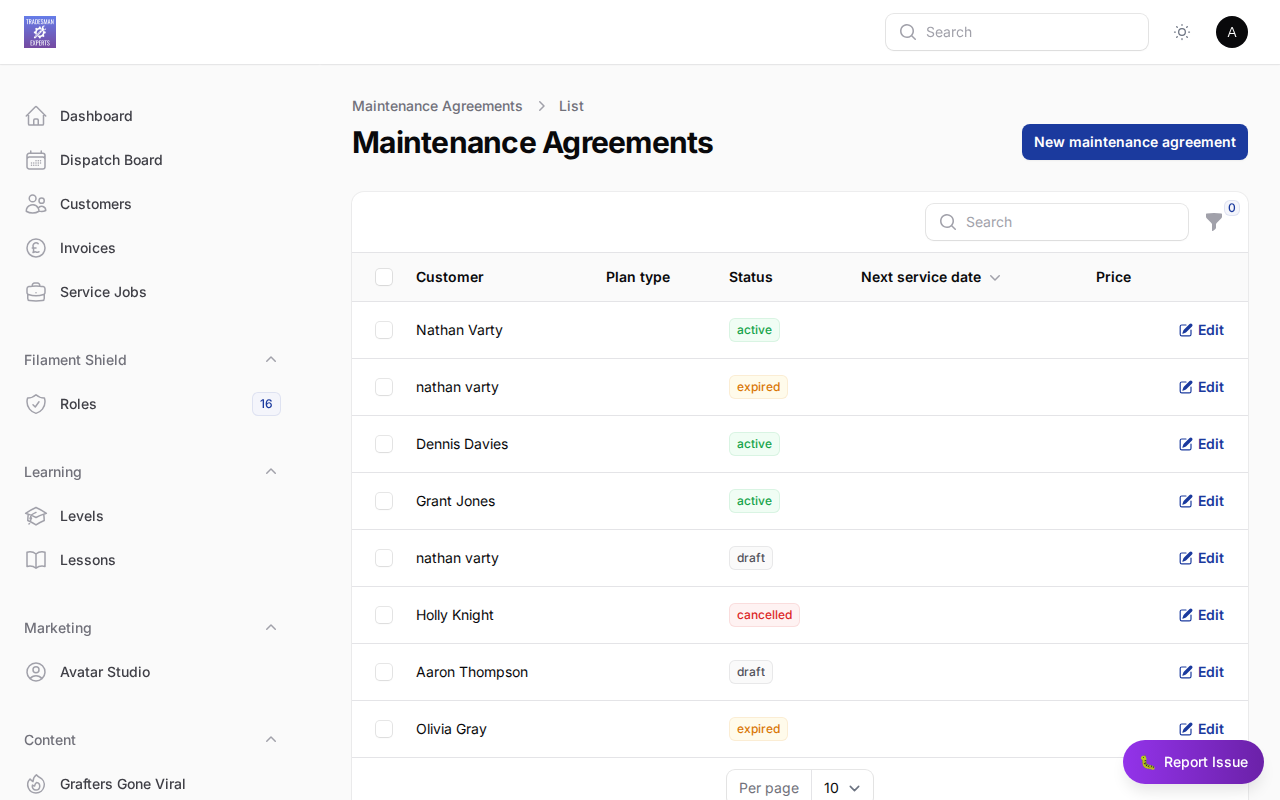 Maintenance agreement management
