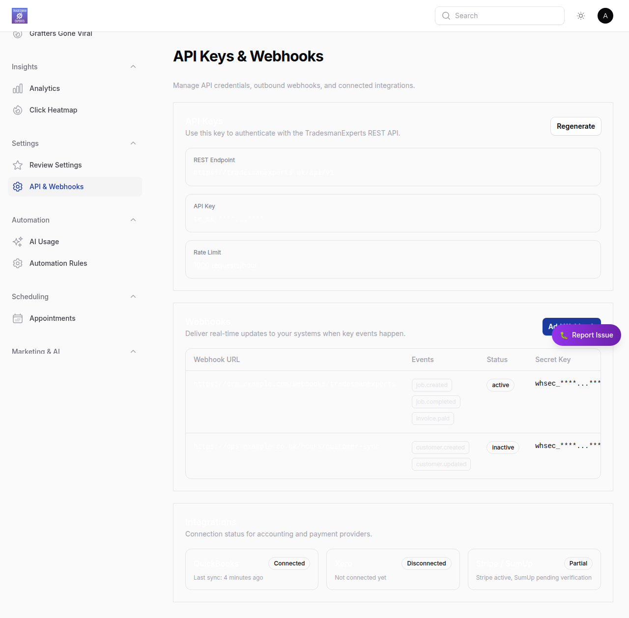 API and webhooks settings