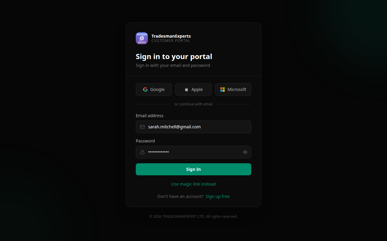 Customer portal login page